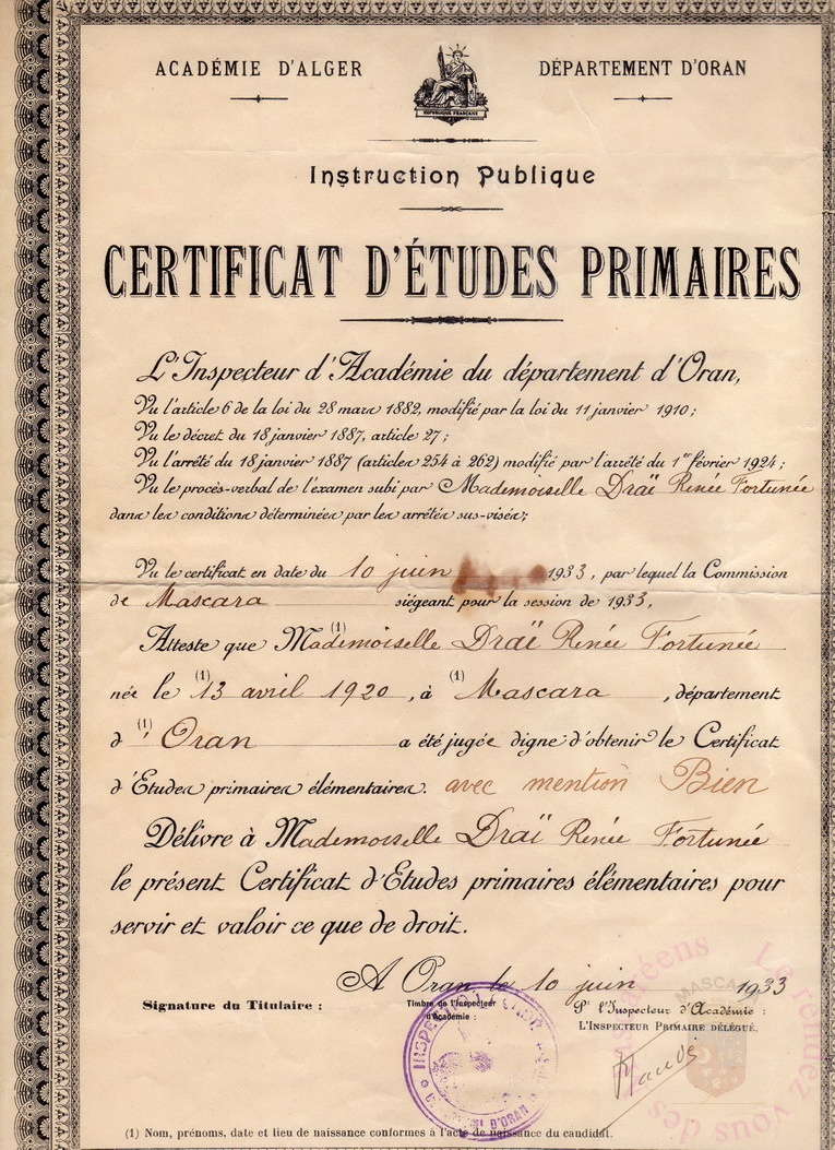 Certificat d'étude 1933